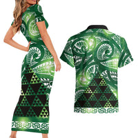 Matariki New Zealand Couples Matching Short Sleeve Bodycon Dress and Hawaiian Shirt NZ Niho Taniwha Maori New Year Green Galaxy LT14 - Polynesian Pride