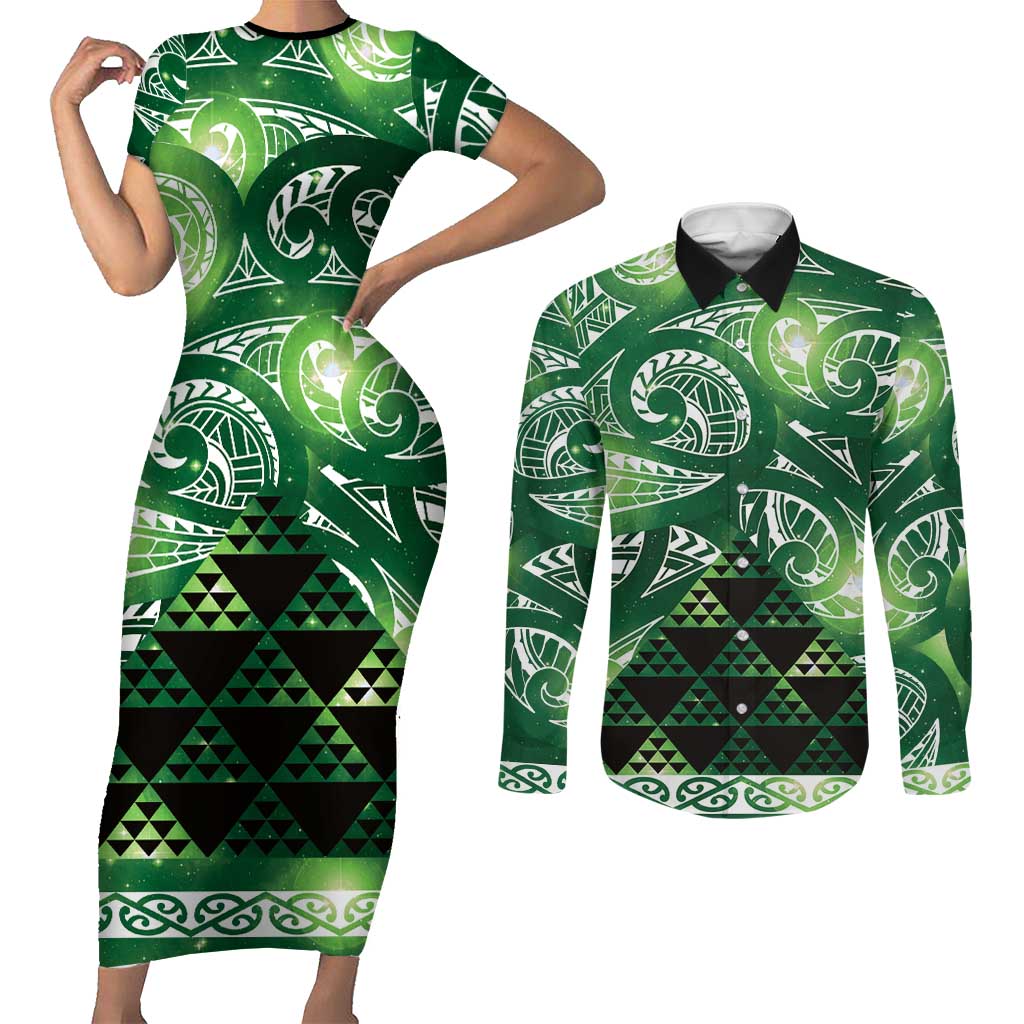 Matariki New Zealand Couples Matching Short Sleeve Bodycon Dress and Long Sleeve Button Shirt NZ Niho Taniwha Maori New Year Green Galaxy LT14 Green - Polynesian Pride