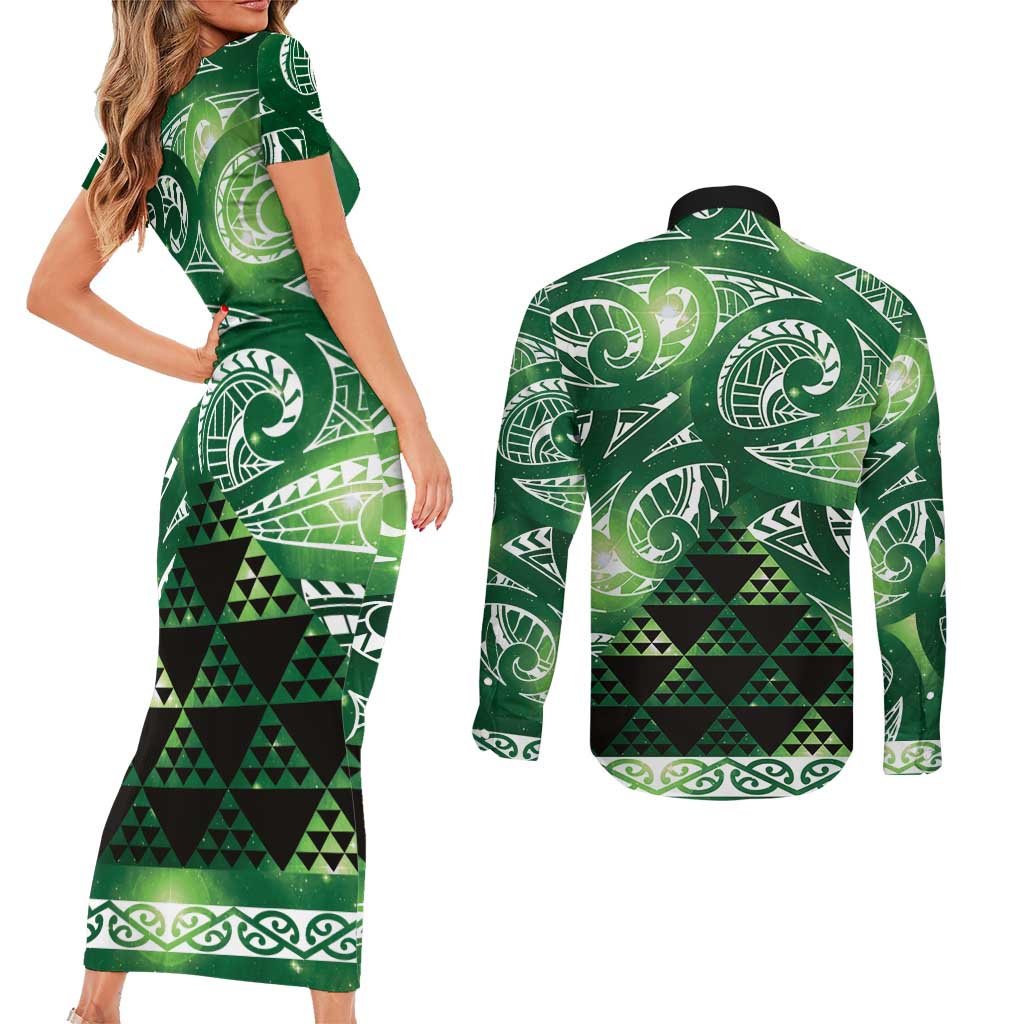 Matariki New Zealand Couples Matching Short Sleeve Bodycon Dress and Long Sleeve Button Shirt NZ Niho Taniwha Maori New Year Green Galaxy LT14 - Polynesian Pride