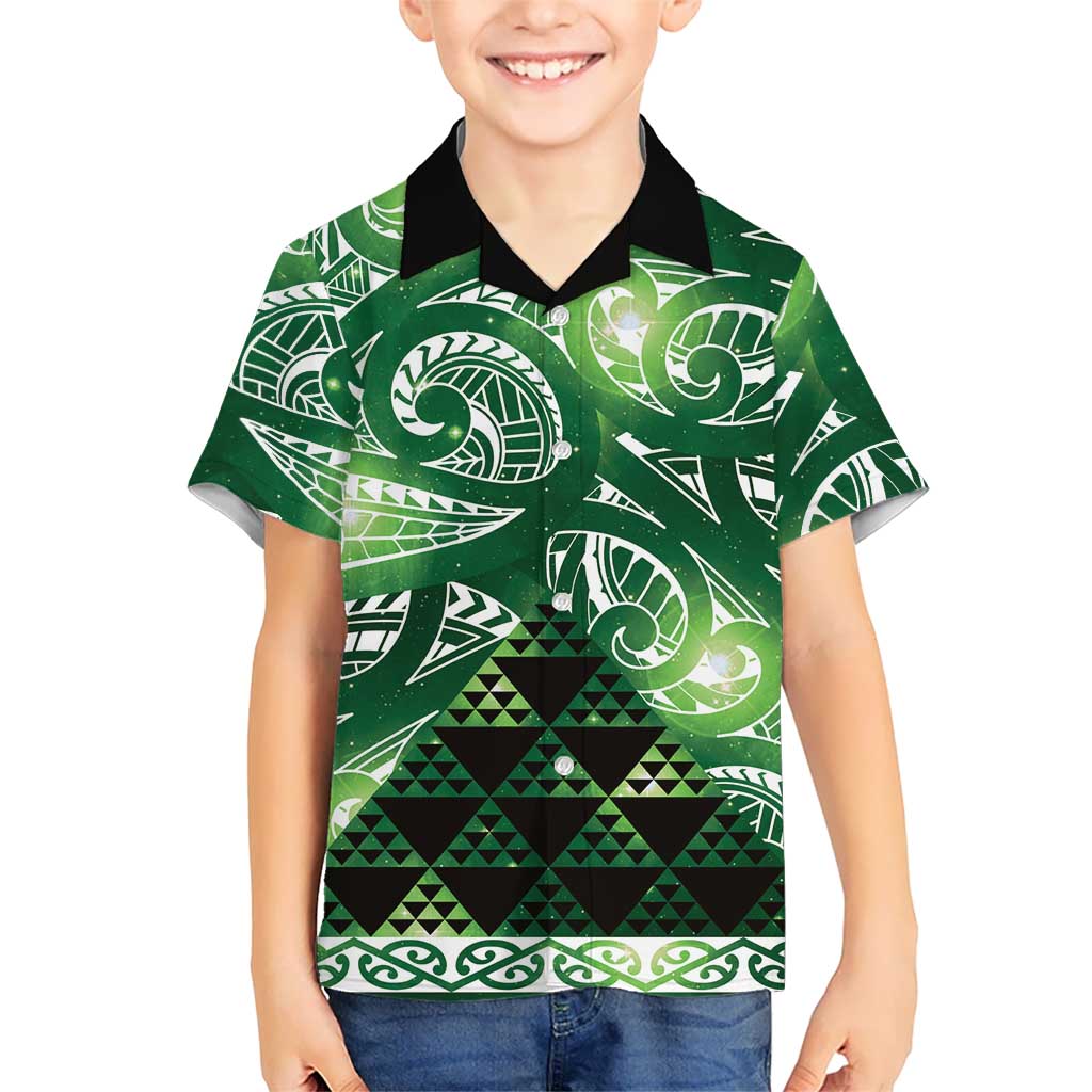 Matariki New Zealand Family Matching Off Shoulder Short Dress and Hawaiian Shirt NZ Niho Taniwha Maori New Year Green Galaxy LT14 Son's Shirt Green - Polynesian Pride