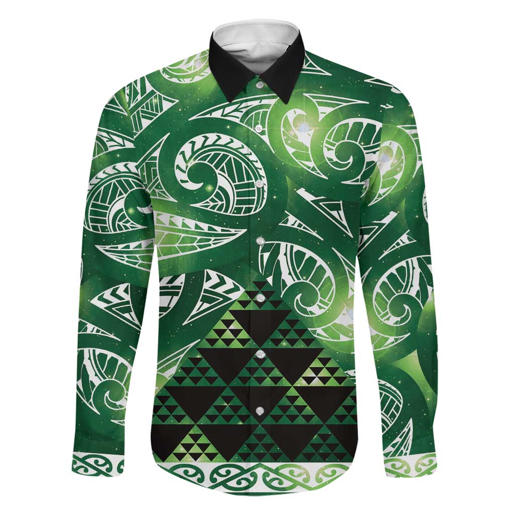 Matariki New Zealand Family Matching Summer Maxi Dress and Hawaiian Shirt NZ Niho Taniwha Maori New Year Green Galaxy LT14 Dad's Shirt - Long Sleeve Green - Polynesian Pride