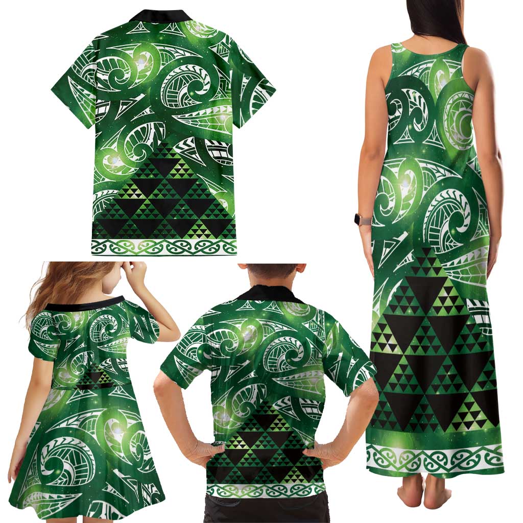 Matariki New Zealand Family Matching Tank Maxi Dress and Hawaiian Shirt NZ Niho Taniwha Maori New Year Green Galaxy LT14 - Polynesian Pride