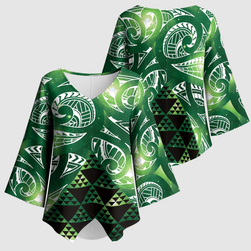 Matariki New Zealand Kimono Sleeve Blouse NZ Niho Taniwha Maori New Year Green Galaxy LT14 - Polynesian Pride