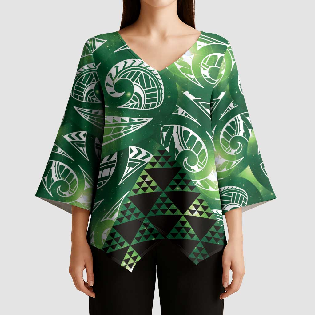 Matariki New Zealand Kimono Sleeve Blouse NZ Niho Taniwha Maori New Year Green Galaxy LT14 - Polynesian Pride