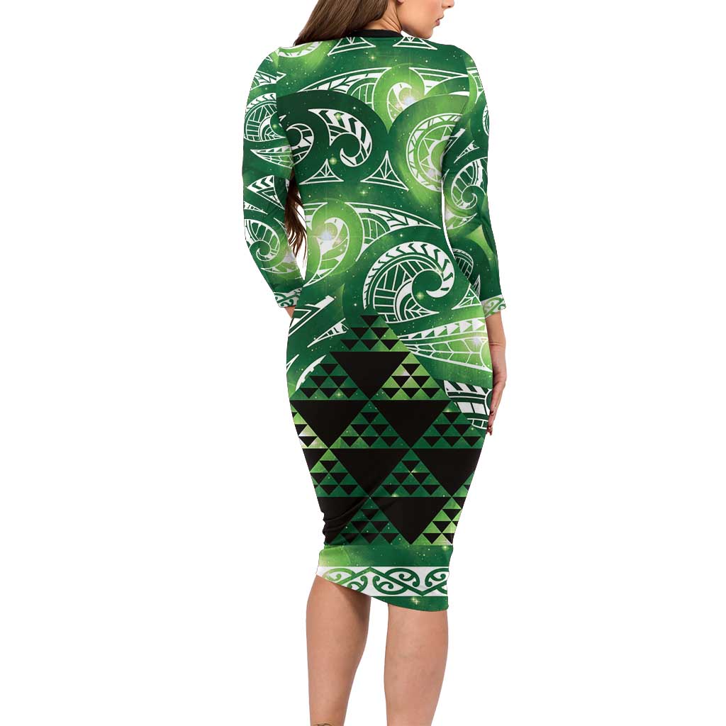 Matariki New Zealand Long Sleeve Bodycon Dress NZ Niho Taniwha Maori New Year Green Galaxy LT14 - Polynesian Pride