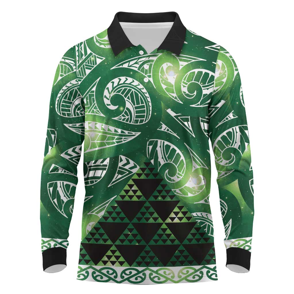 Matariki New Zealand Long Sleeve Polo Shirt NZ Niho Taniwha Maori New Year Green Galaxy LT14 Green - Polynesian Pride