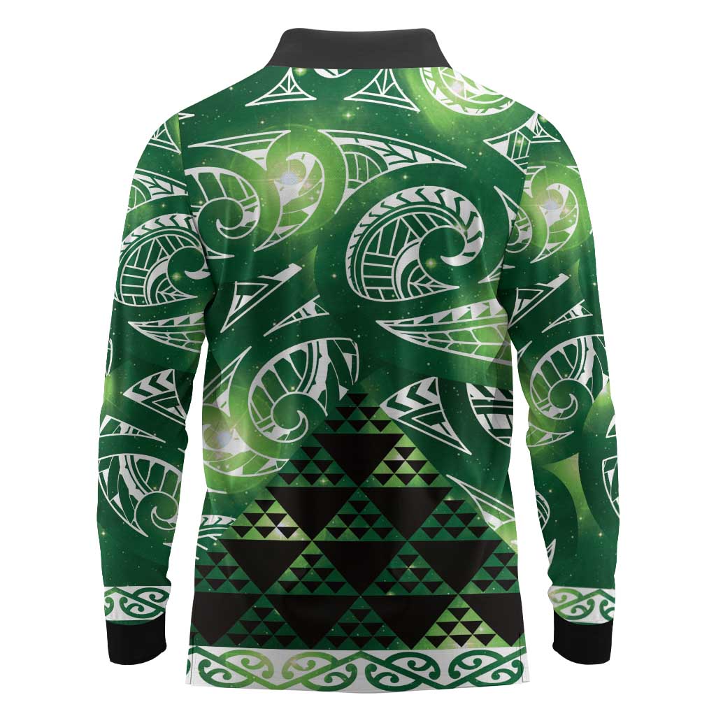 Matariki New Zealand Long Sleeve Polo Shirt NZ Niho Taniwha Maori New Year Green Galaxy LT14 - Polynesian Pride