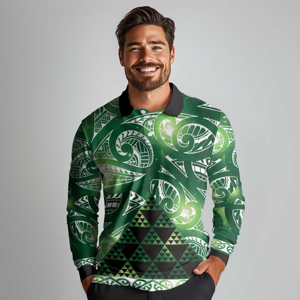 Matariki New Zealand Long Sleeve Polo Shirt NZ Niho Taniwha Maori New Year Green Galaxy LT14 - Polynesian Pride