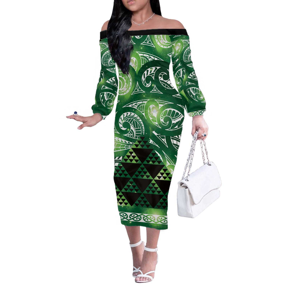 Matariki New Zealand Off The Shoulder Long Sleeve Dress NZ Niho Taniwha Maori New Year Green Galaxy LT14 Women Green - Polynesian Pride