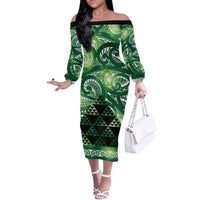 Matariki New Zealand Off The Shoulder Long Sleeve Dress NZ Niho Taniwha Maori New Year Green Galaxy LT14 Women Green - Polynesian Pride
