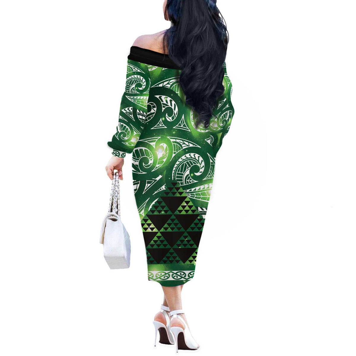 Matariki New Zealand Off The Shoulder Long Sleeve Dress NZ Niho Taniwha Maori New Year Green Galaxy LT14 - Polynesian Pride