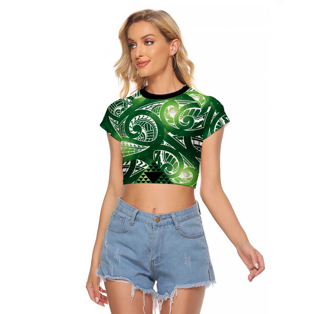 Matariki New Zealand Raglan Cropped T Shirt NZ Niho Taniwha Maori New Year Green Galaxy LT14 Female Green - Polynesian Pride