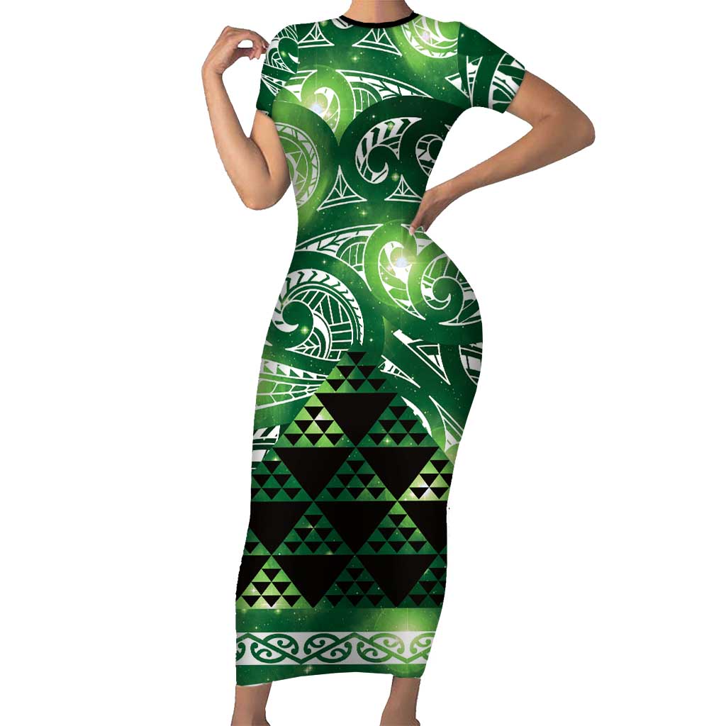 Matariki New Zealand Short Sleeve Bodycon Dress NZ Niho Taniwha Maori New Year Green Galaxy LT14 Long Dress Green - Polynesian Pride