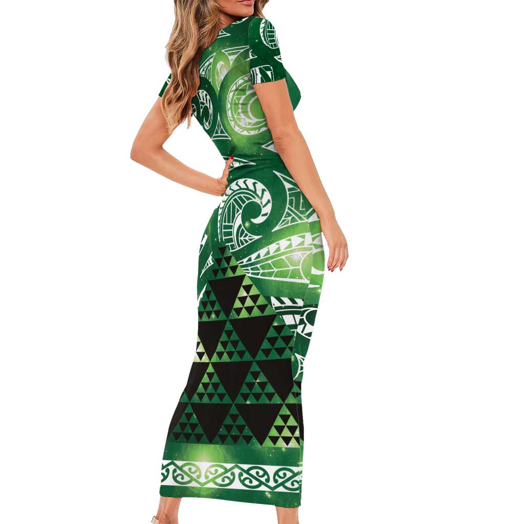 Matariki New Zealand Short Sleeve Bodycon Dress NZ Niho Taniwha Maori New Year Green Galaxy LT14 - Polynesian Pride