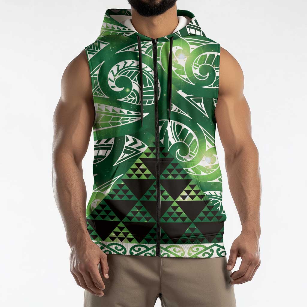 Matariki New Zealand Sleeveless Zip Hoodie NZ Niho Taniwha Maori New Year Green Galaxy LT14 - Polynesian Pride