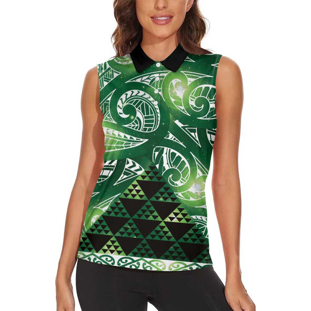 Matariki New Zealand Women Sleeveless Polo Shirt NZ Niho Taniwha Maori New Year Green Galaxy LT14 - Polynesian Pride