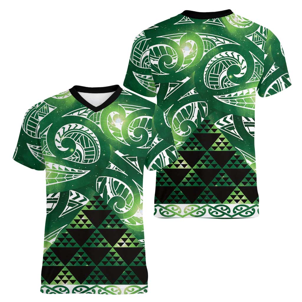 Matariki New Zealand Women V-Neck T-Shirt NZ Niho Taniwha Maori New Year Green Galaxy LT14 - Polynesian Pride