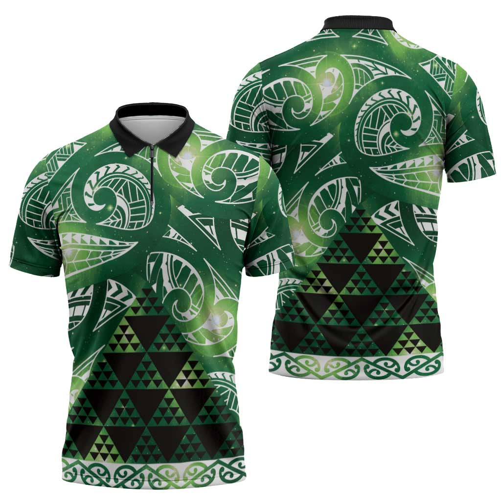 Matariki New Zealand Zipper Polo Shirt NZ Niho Taniwha Maori New Year Green Galaxy LT14 - Polynesian Pride