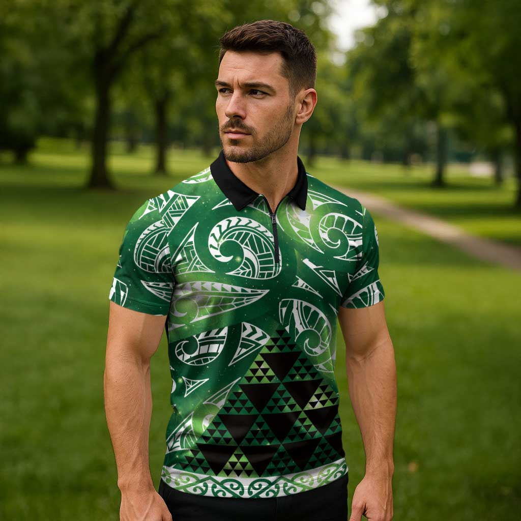 Matariki New Zealand Zipper Polo Shirt NZ Niho Taniwha Maori New Year Green Galaxy LT14 - Polynesian Pride
