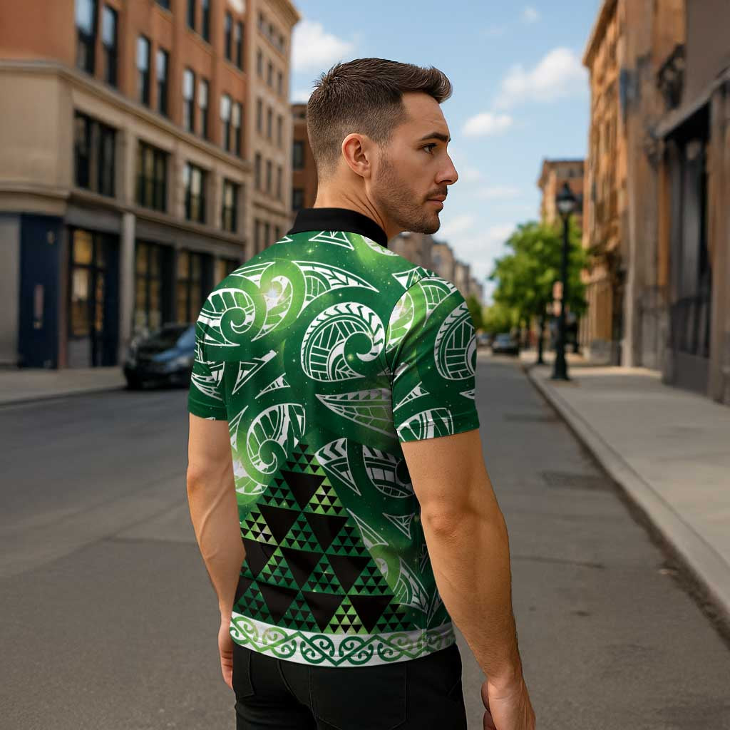 Matariki New Zealand Zipper Polo Shirt NZ Niho Taniwha Maori New Year Green Galaxy LT14 - Polynesian Pride