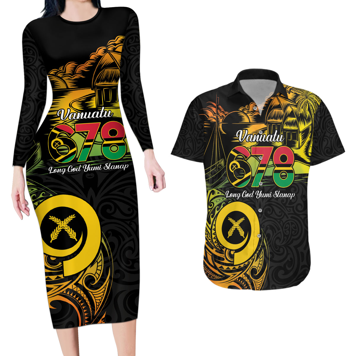 Personalised Vanuatu 678 Couples Matching Long Sleeve Bodycon Dress and Hawaiian Shirt Proud To Be A Ni-Van LT14 Black - Polynesian Pride