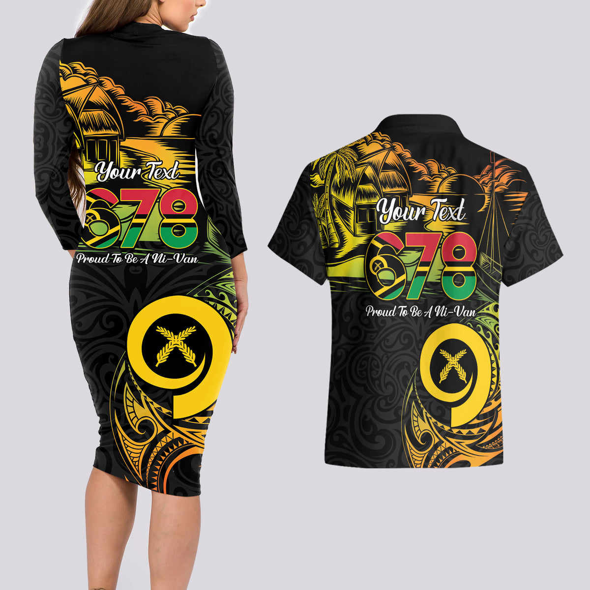 Personalised Vanuatu 678 Couples Matching Long Sleeve Bodycon Dress and Hawaiian Shirt Proud To Be A Ni-Van LT14 - Polynesian Pride