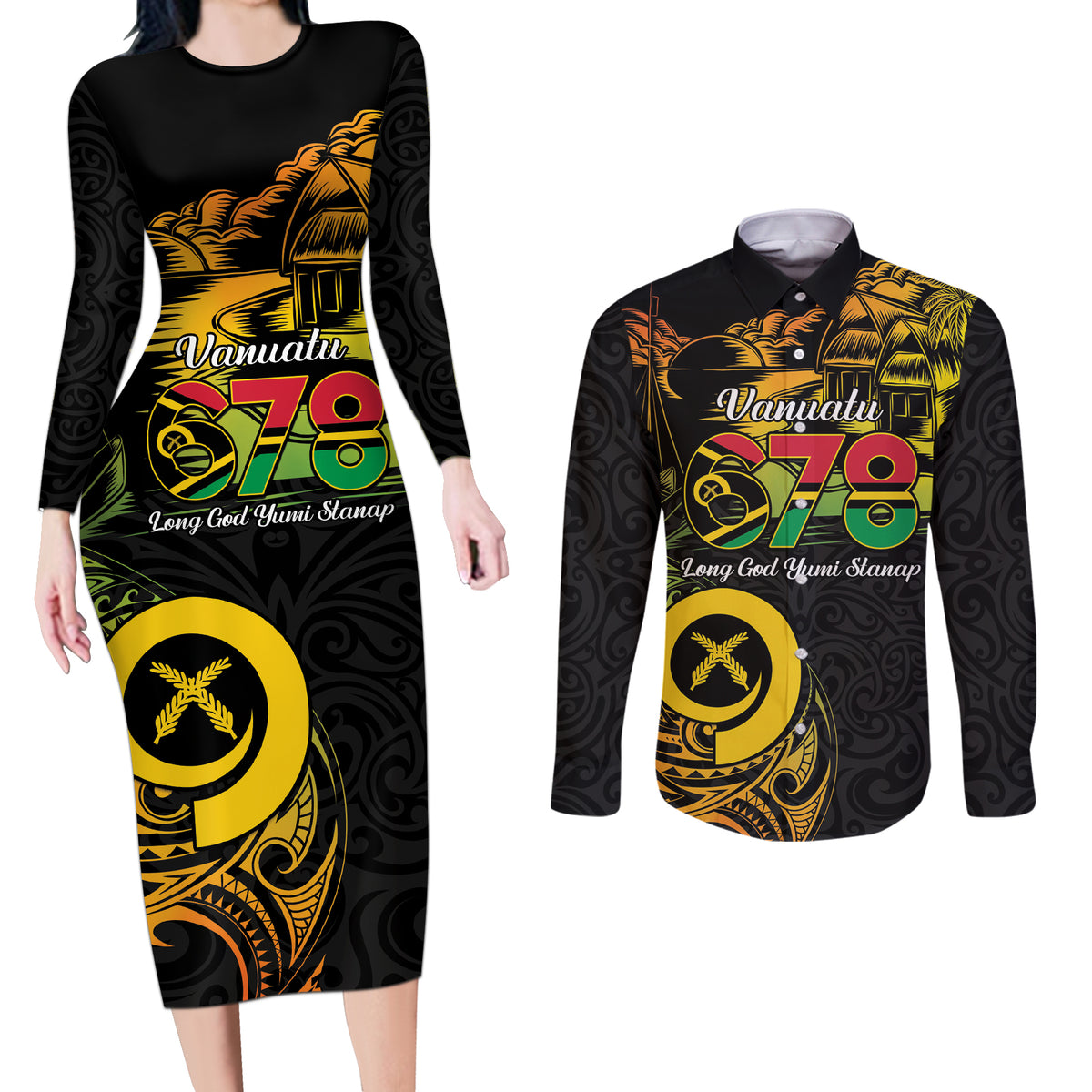 Personalised Vanuatu 678 Couples Matching Long Sleeve Bodycon Dress and Long Sleeve Button Shirt Proud To Be A Ni-Van LT14 Black - Polynesian Pride