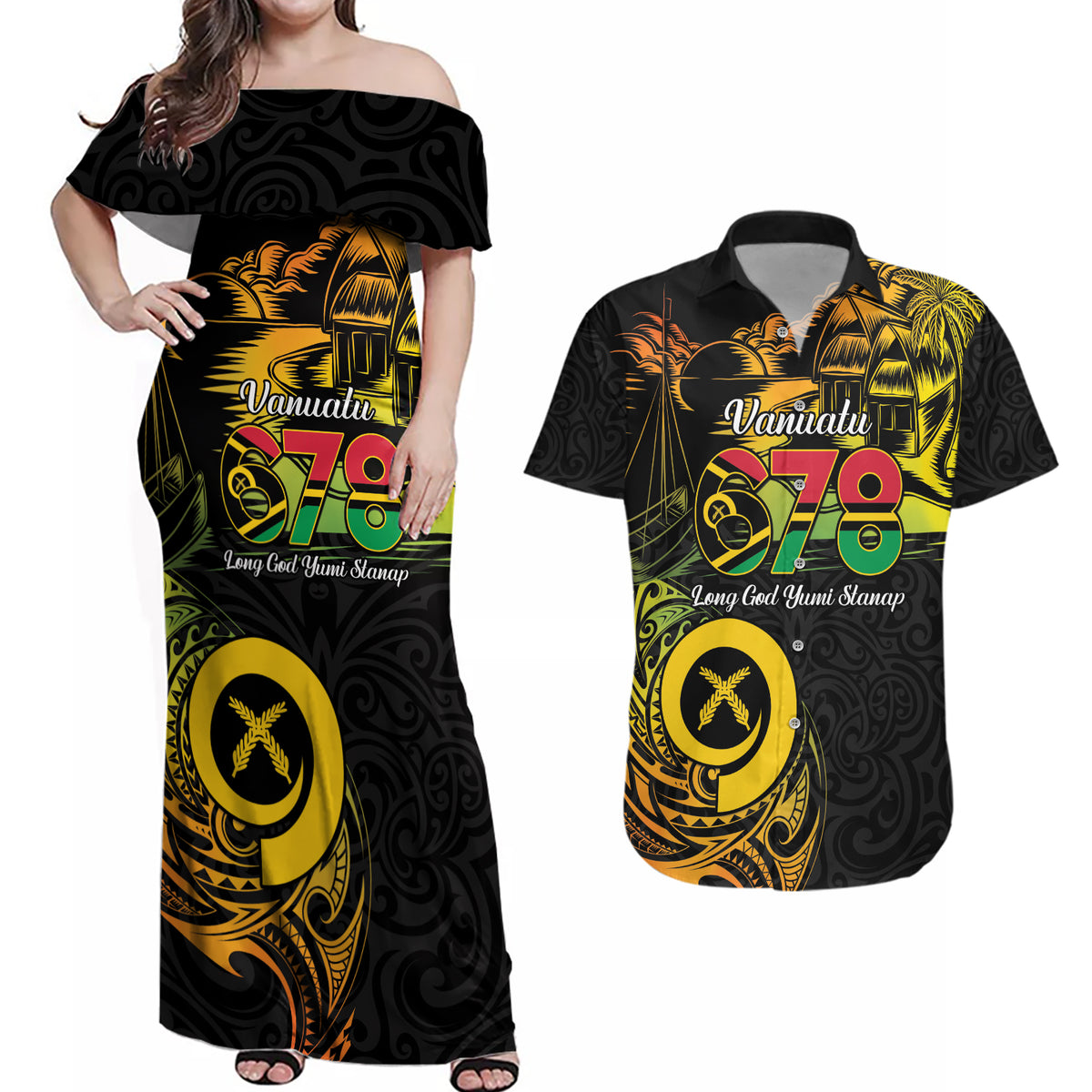 Personalised Vanuatu 678 Couples Matching Off Shoulder Maxi Dress and Hawaiian Shirt Proud To Be A Ni-Van LT14 Black - Polynesian Pride