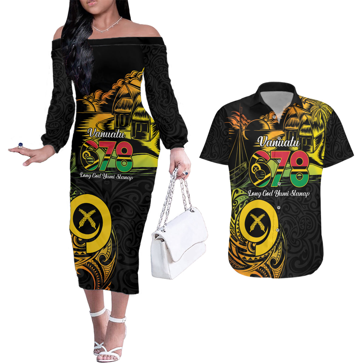 Personalised Vanuatu 678 Couples Matching Off The Shoulder Long Sleeve Dress and Hawaiian Shirt Proud To Be A Ni-Van LT14 Black - Polynesian Pride