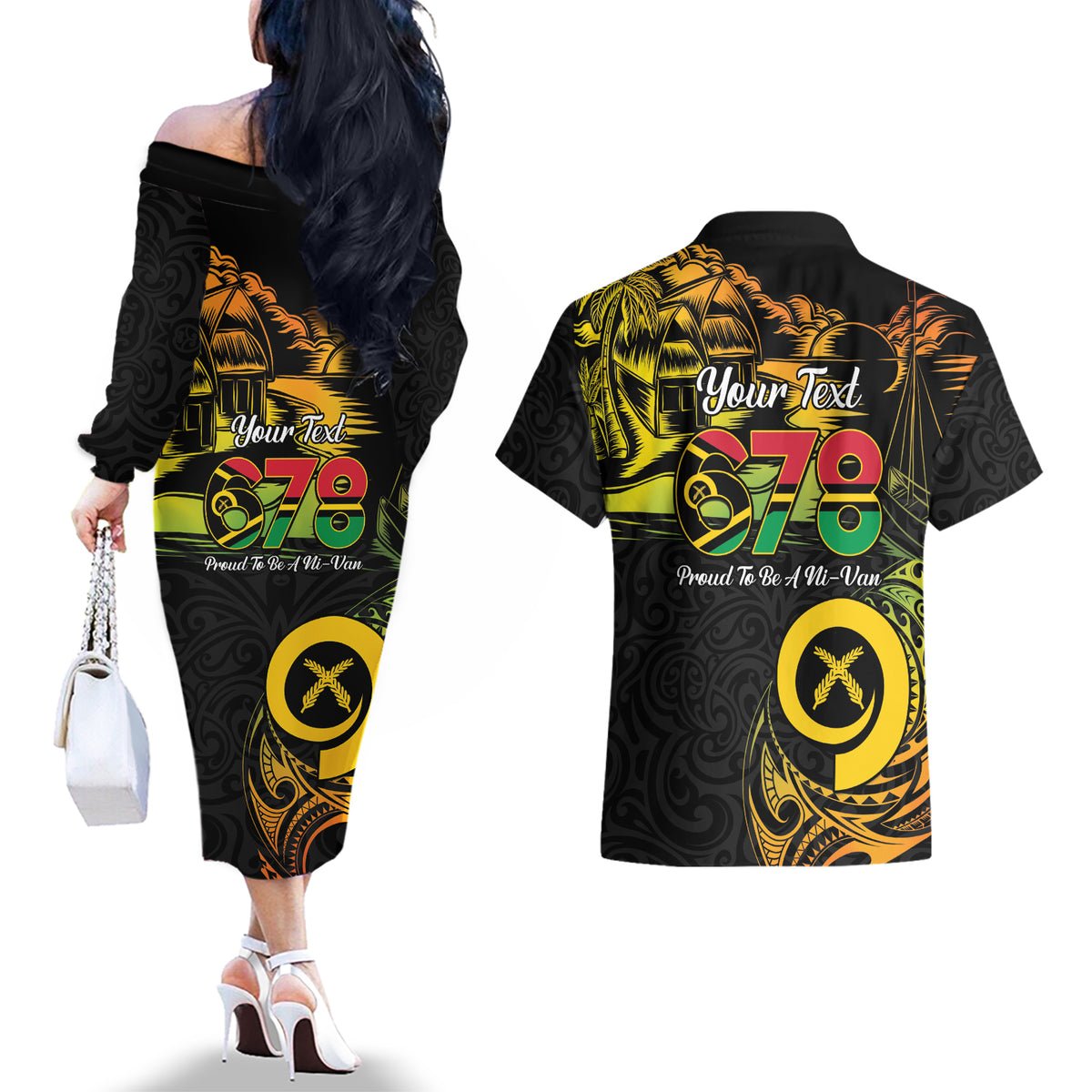 Personalised Vanuatu 678 Couples Matching Off The Shoulder Long Sleeve Dress and Hawaiian Shirt Proud To Be A Ni-Van LT14 - Polynesian Pride