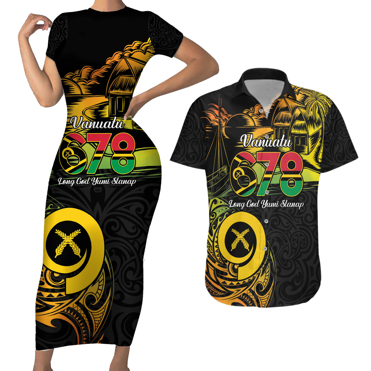 Personalised Vanuatu 678 Couples Matching Short Sleeve Bodycon Dress and Hawaiian Shirt Proud To Be A Ni-Van LT14 Black - Polynesian Pride