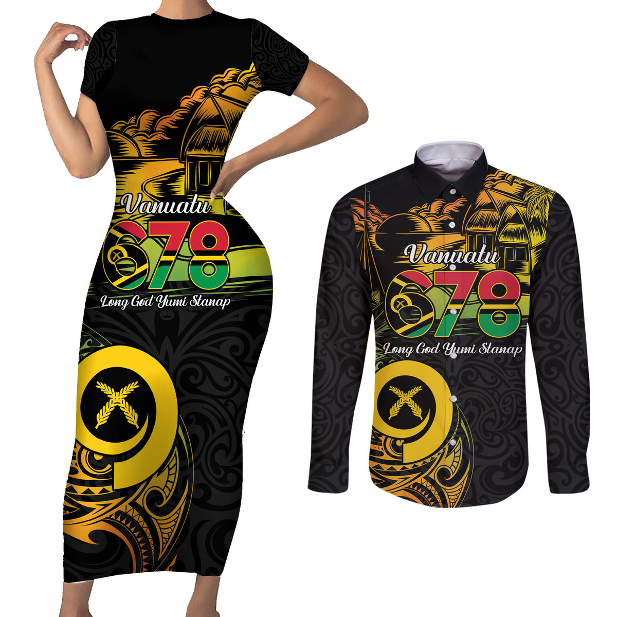 Personalised Vanuatu 678 Couples Matching Short Sleeve Bodycon Dress and Long Sleeve Button Shirt Proud To Be A Ni-Van LT14 Black - Polynesian Pride