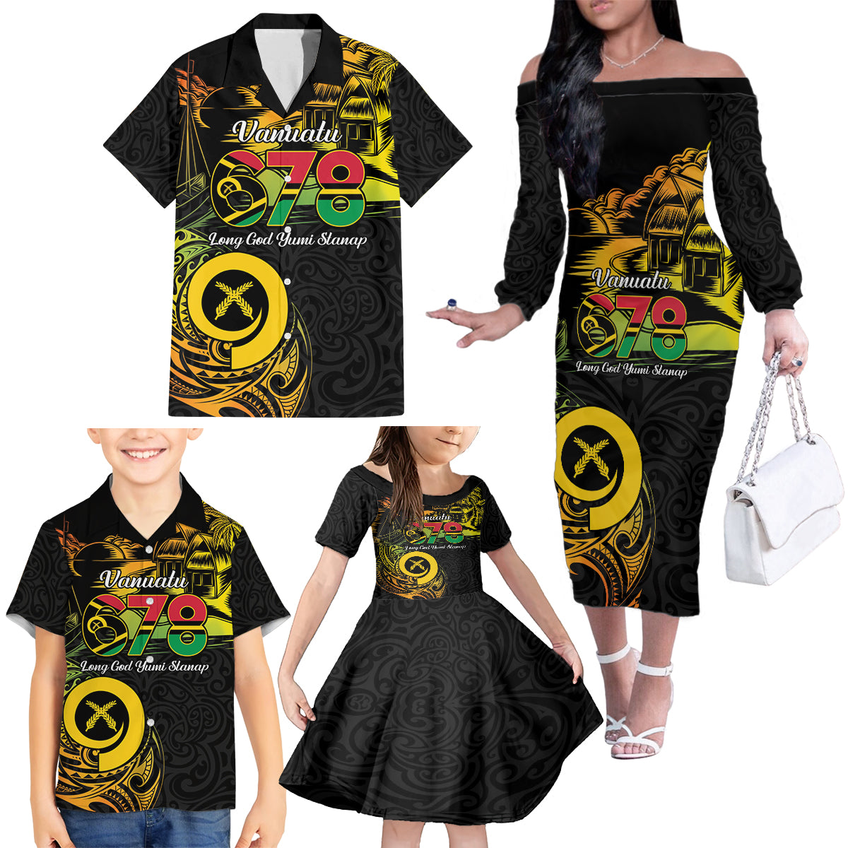 Personalised Vanuatu 678 Family Matching Off The Shoulder Long Sleeve Dress and Hawaiian Shirt Proud To Be A Ni-Van LT14 - Polynesian Pride