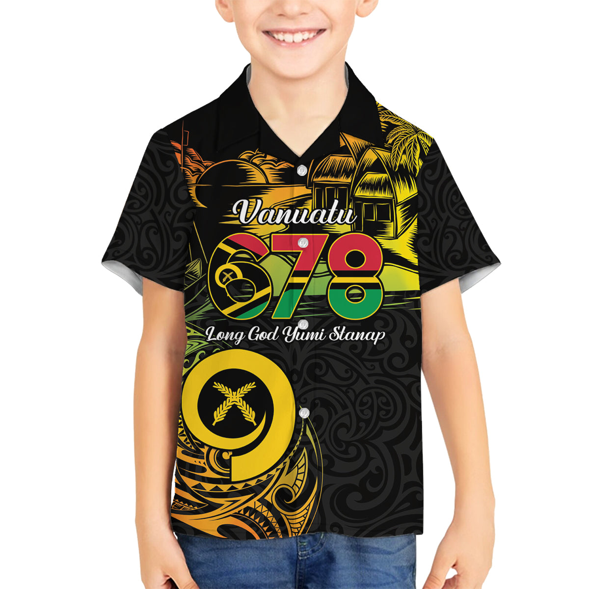 Personalised Vanuatu 678 Family Matching Off Shoulder Maxi Dress and Hawaiian Shirt Proud To Be A Ni-Van LT14 Son's Shirt Black - Polynesian Pride