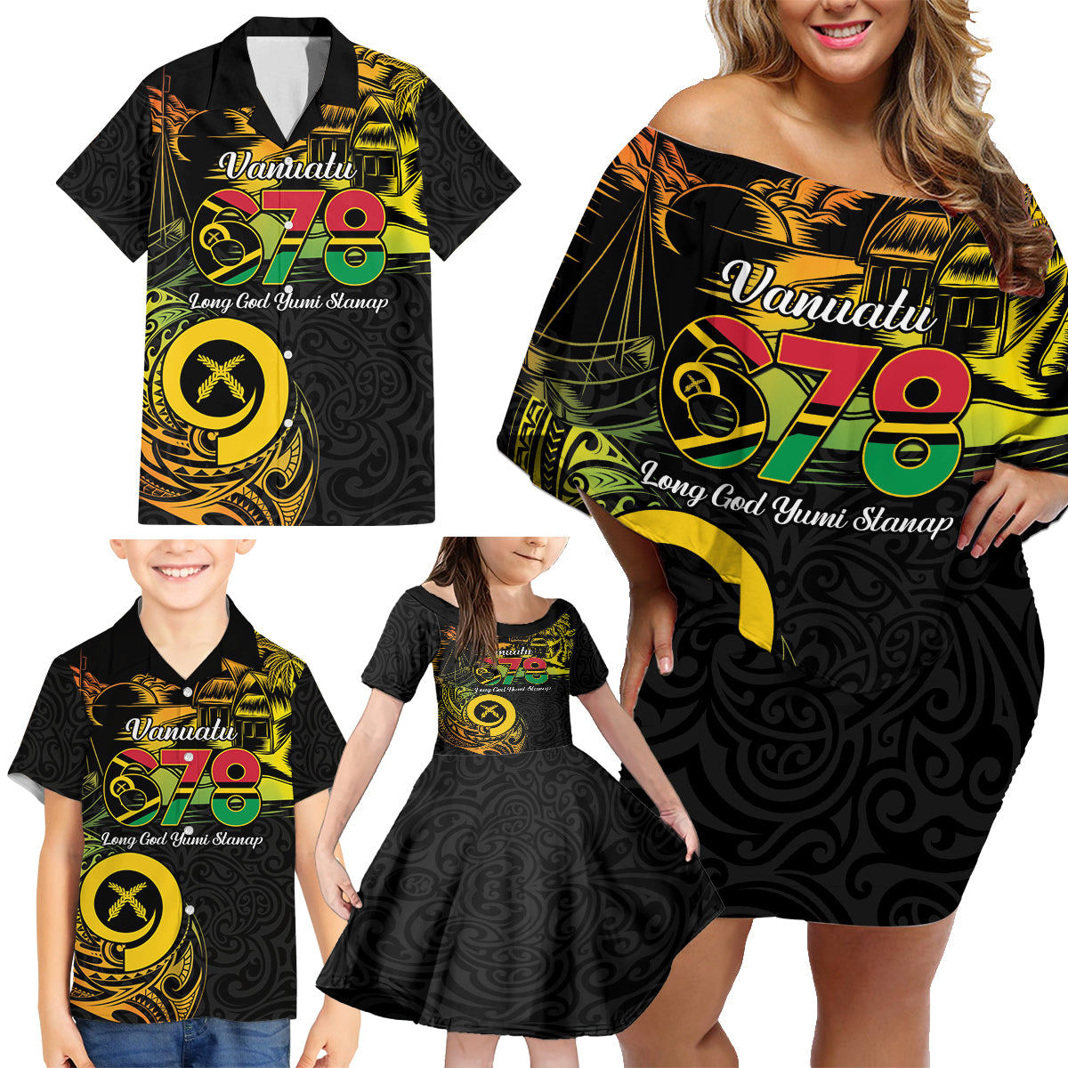 Personalised Vanuatu 678 Family Matching Off Shoulder Short Dress and Hawaiian Shirt Proud To Be A Ni-Van LT14 - Polynesian Pride