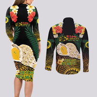 Vanuatu Triton's Trumpet Couples Matching Long Sleeve Bodycon Dress and Long Sleeve Button Shirt Tropical Flowers Vanuatuan Map LT14 - Polynesian Pride