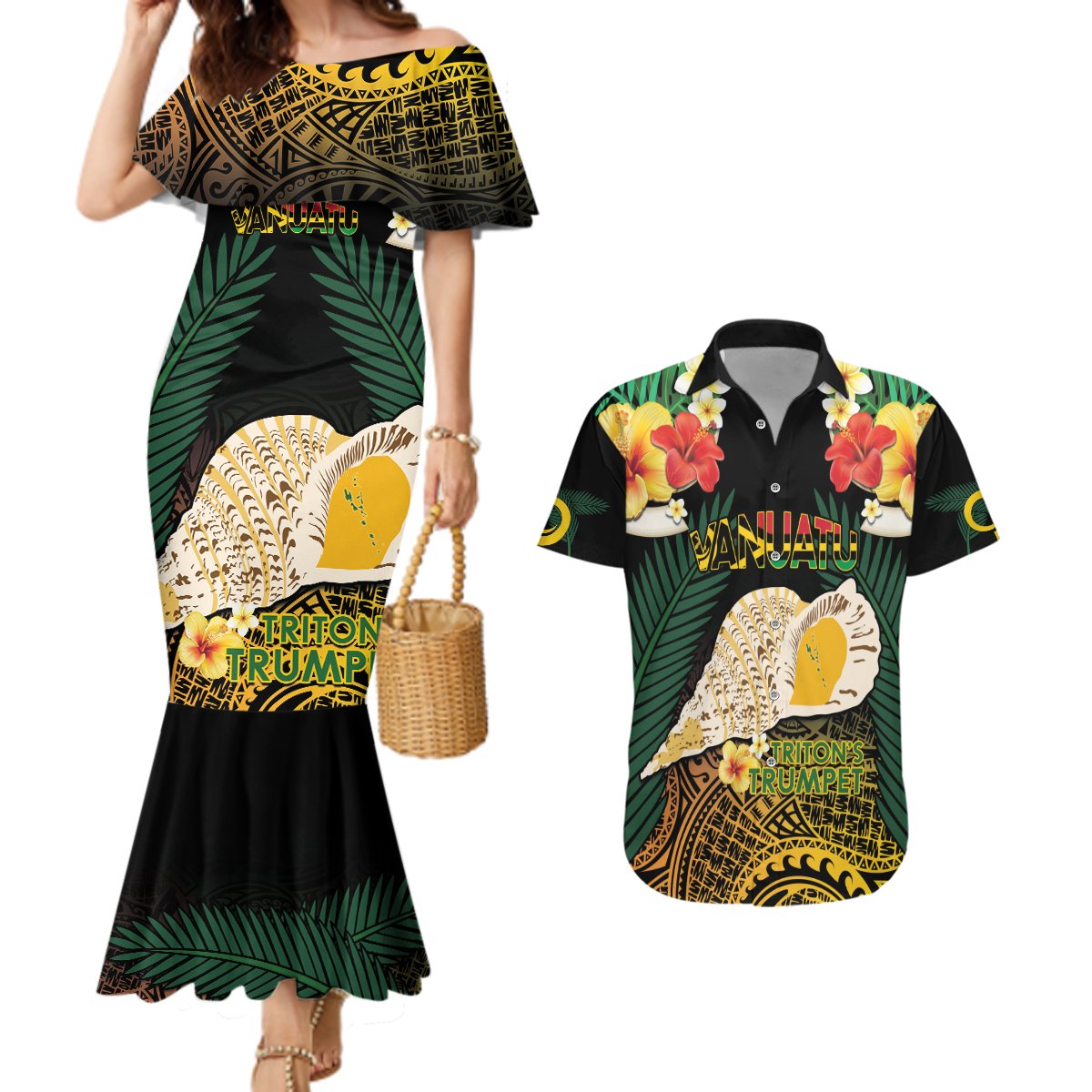 Vanuatu Triton's Trumpet Couples Matching Mermaid Dress and Hawaiian Shirt Tropical Flowers Vanuatuan Map LT14 Black - Polynesian Pride