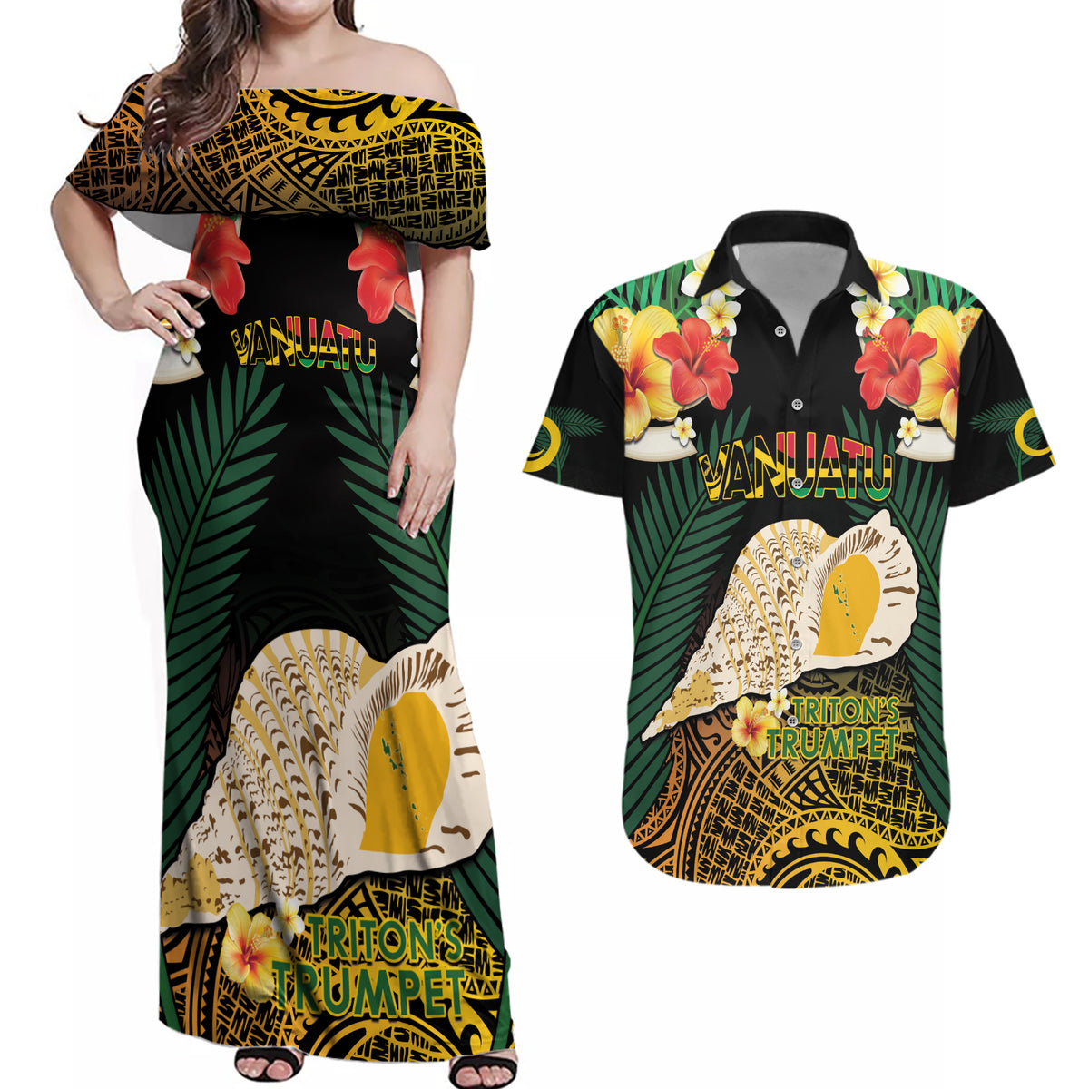 Vanuatu Triton's Trumpet Couples Matching Off Shoulder Maxi Dress and Hawaiian Shirt Tropical Flowers Vanuatuan Map LT14 Black - Polynesian Pride