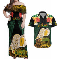 Vanuatu Triton's Trumpet Couples Matching Off Shoulder Maxi Dress and Hawaiian Shirt Tropical Flowers Vanuatuan Map LT14 Black - Polynesian Pride