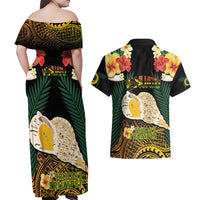 Vanuatu Triton's Trumpet Couples Matching Off Shoulder Maxi Dress and Hawaiian Shirt Tropical Flowers Vanuatuan Map LT14 - Polynesian Pride