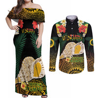 Vanuatu Triton's Trumpet Couples Matching Off Shoulder Maxi Dress and Long Sleeve Button Shirt Tropical Flowers Vanuatuan Map LT14 Black - Polynesian Pride