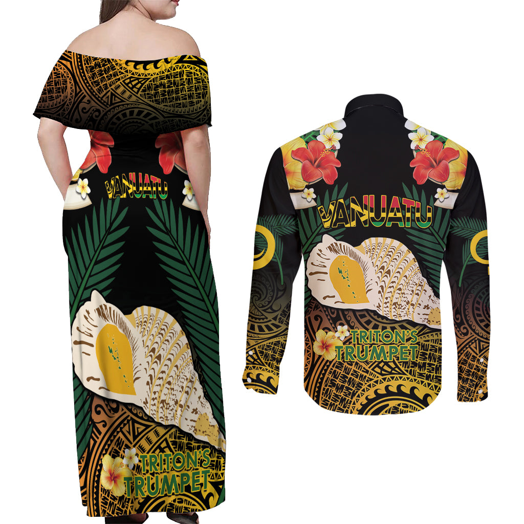 Vanuatu Triton's Trumpet Couples Matching Off Shoulder Maxi Dress and Long Sleeve Button Shirt Tropical Flowers Vanuatuan Map LT14 - Polynesian Pride