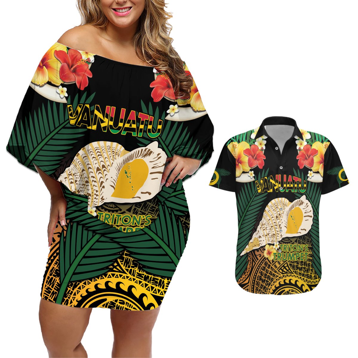 Vanuatu Triton's Trumpet Couples Matching Off Shoulder Short Dress and Hawaiian Shirt Tropical Flowers Vanuatuan Map LT14 Black - Polynesian Pride