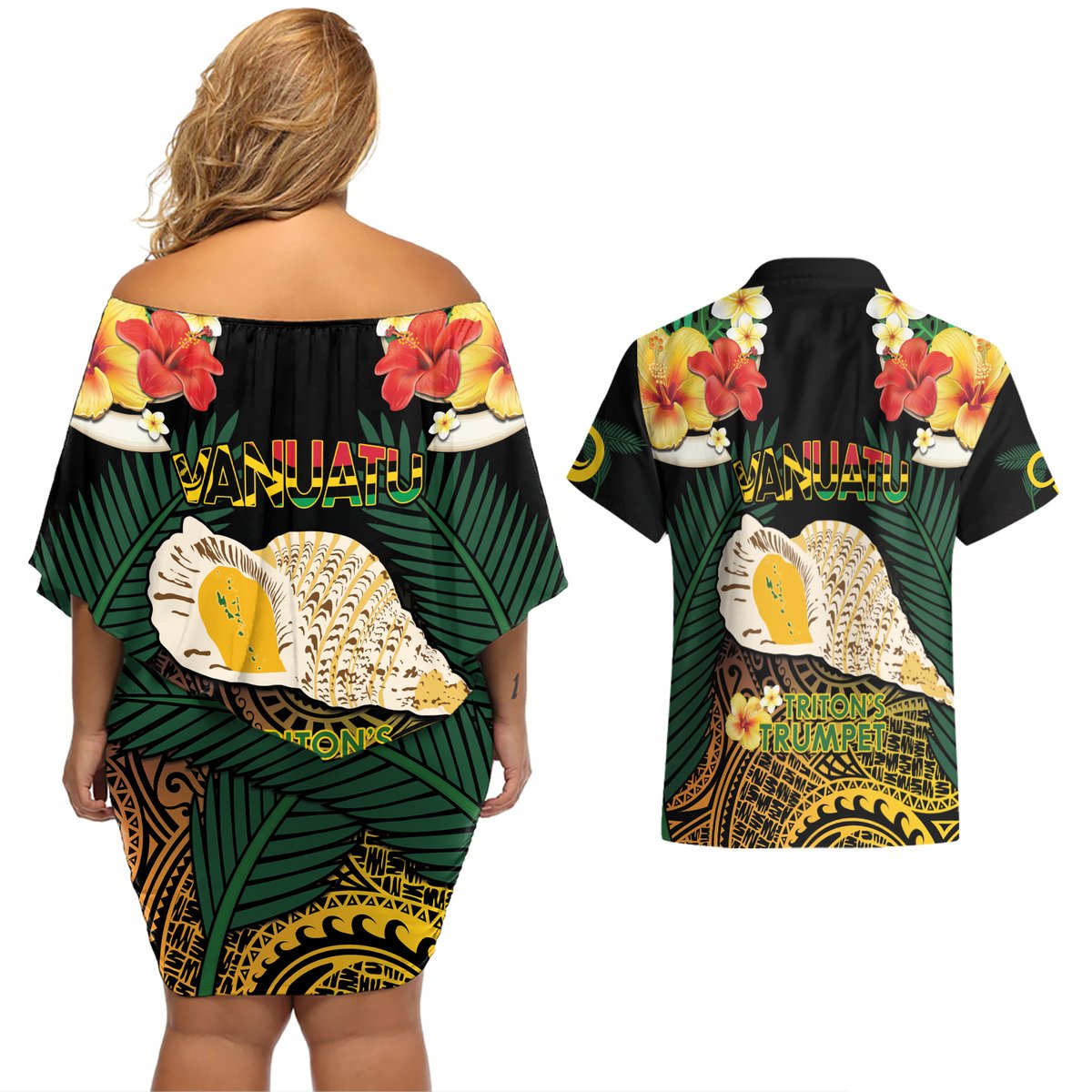 Vanuatu Triton's Trumpet Couples Matching Off Shoulder Short Dress and Hawaiian Shirt Tropical Flowers Vanuatuan Map LT14 - Polynesian Pride
