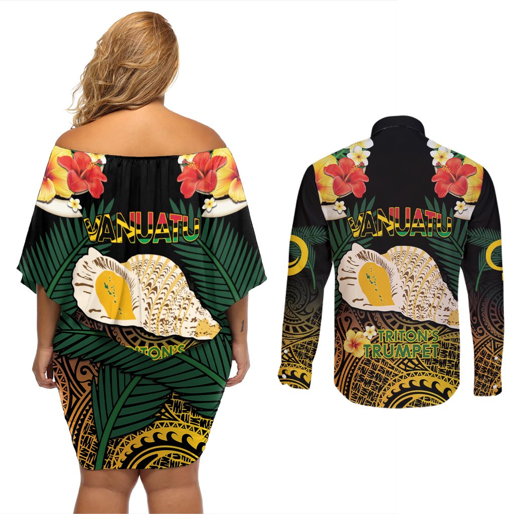 Vanuatu Triton's Trumpet Couples Matching Off Shoulder Short Dress and Long Sleeve Button Shirt Tropical Flowers Vanuatuan Map LT14 - Polynesian Pride