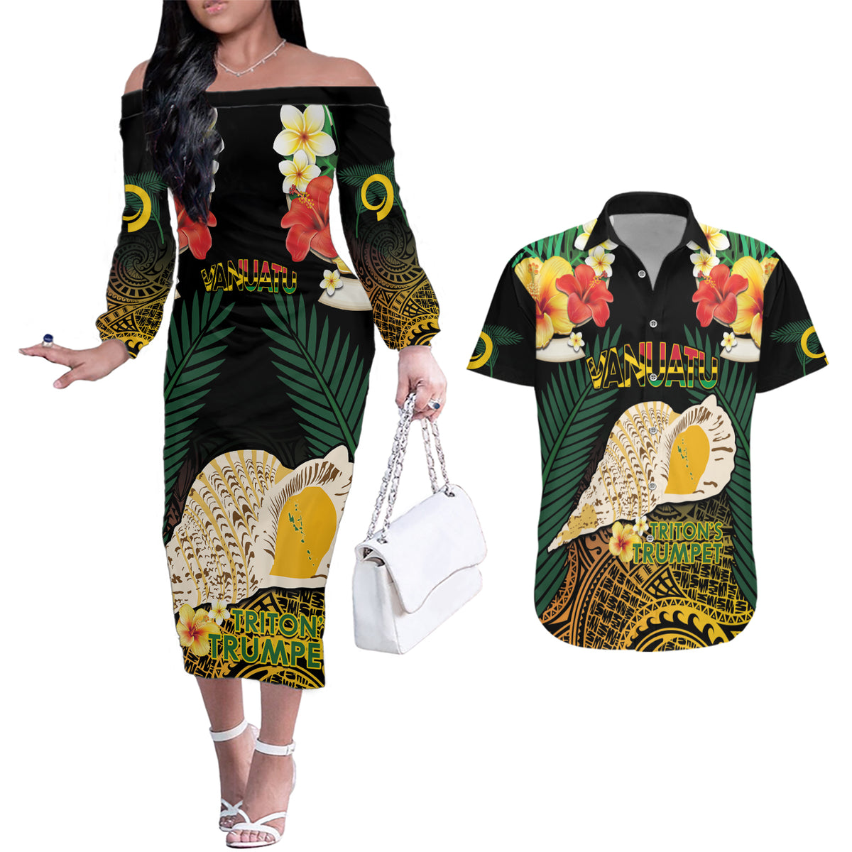 Vanuatu Triton's Trumpet Couples Matching Off The Shoulder Long Sleeve Dress and Hawaiian Shirt Tropical Flowers Vanuatuan Map LT14 Black - Polynesian Pride