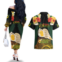 Vanuatu Triton's Trumpet Couples Matching Off The Shoulder Long Sleeve Dress and Hawaiian Shirt Tropical Flowers Vanuatuan Map LT14 - Polynesian Pride