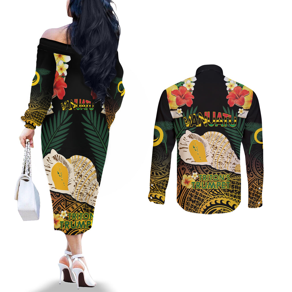 Vanuatu Triton's Trumpet Couples Matching Off The Shoulder Long Sleeve Dress and Long Sleeve Button Shirt Tropical Flowers Vanuatuan Map LT14 - Polynesian Pride