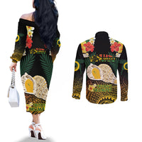 Vanuatu Triton's Trumpet Couples Matching Off The Shoulder Long Sleeve Dress and Long Sleeve Button Shirt Tropical Flowers Vanuatuan Map LT14 - Polynesian Pride