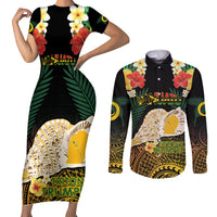Vanuatu Triton's Trumpet Couples Matching Short Sleeve Bodycon Dress and Long Sleeve Button Shirt Tropical Flowers Vanuatuan Map LT14 Black - Polynesian Pride